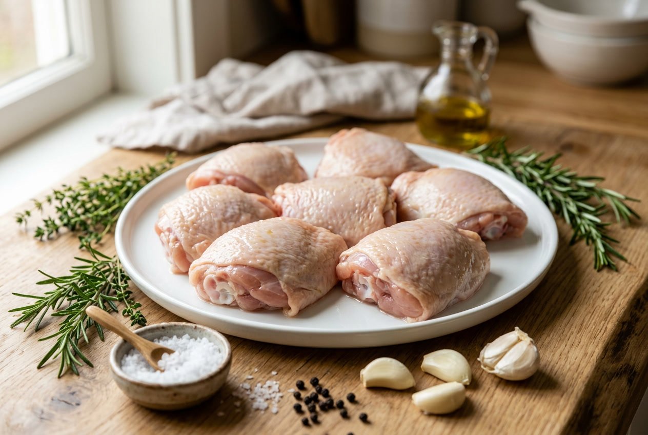 Close-up of raw chicken thighs on a white plate with fresh herbs and garlic around them.