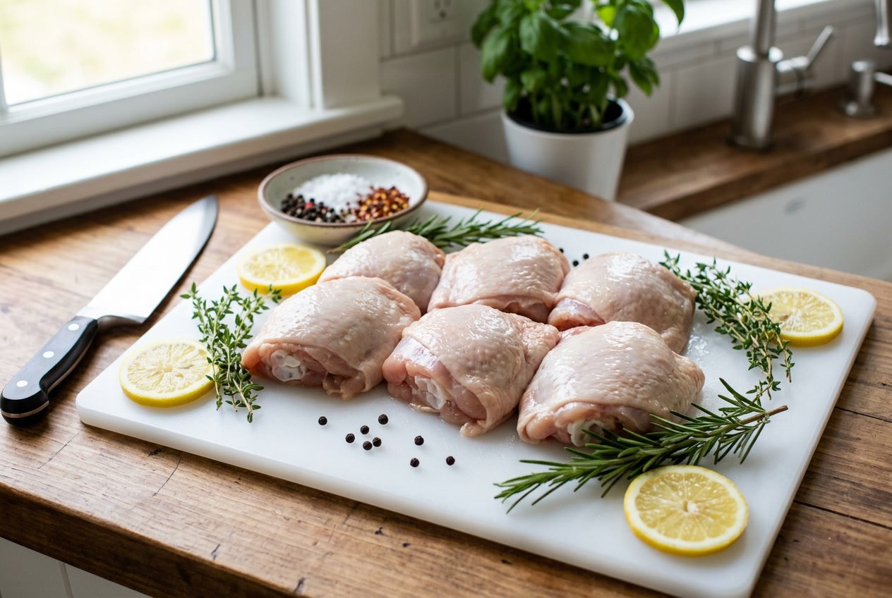 Fresh raw chicken thighs on a white cutting board with herbs and lemon slices in a bright kitchen.