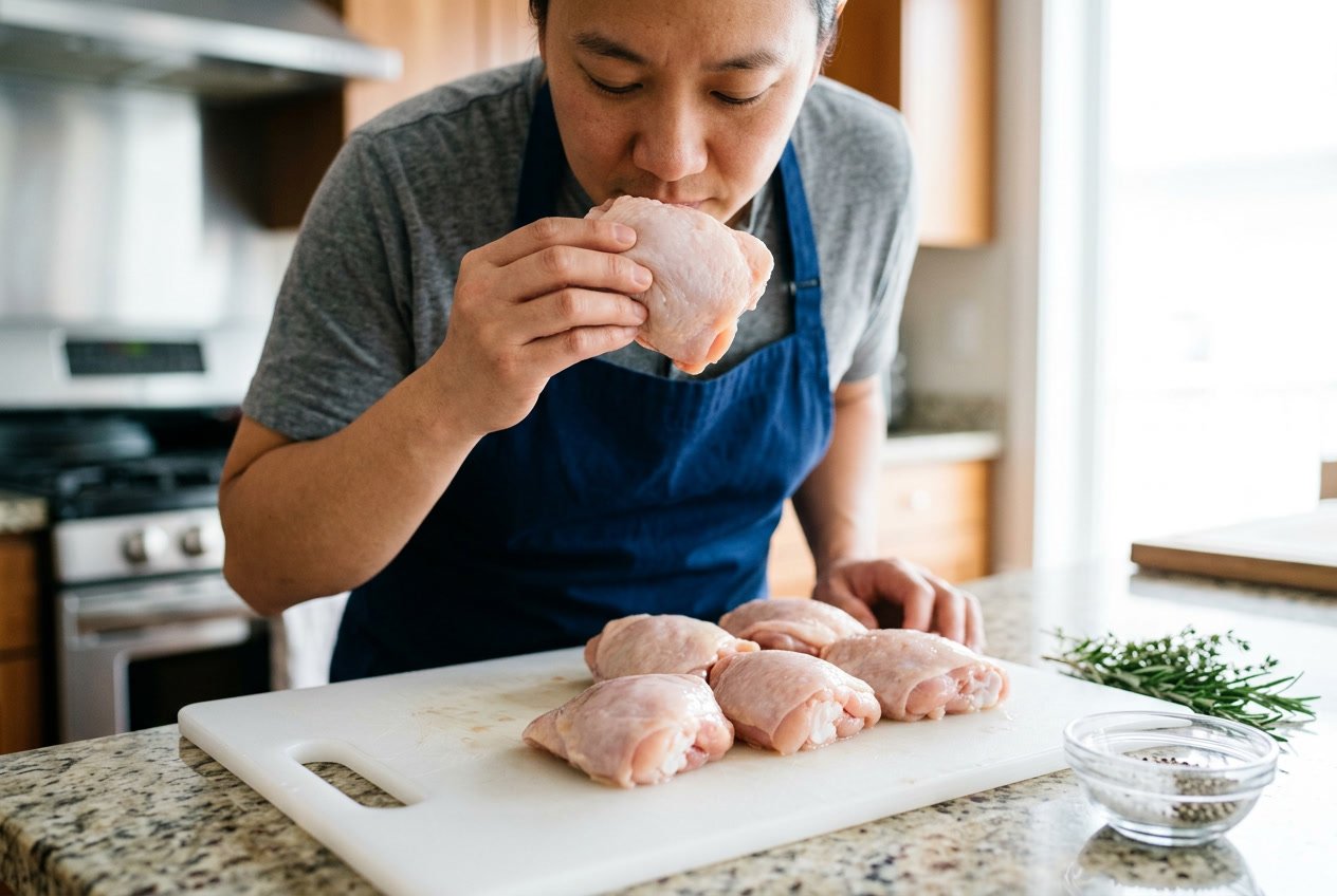 Close-up of a person smelling raw chicken thighs on a cutting board in a kitchen.