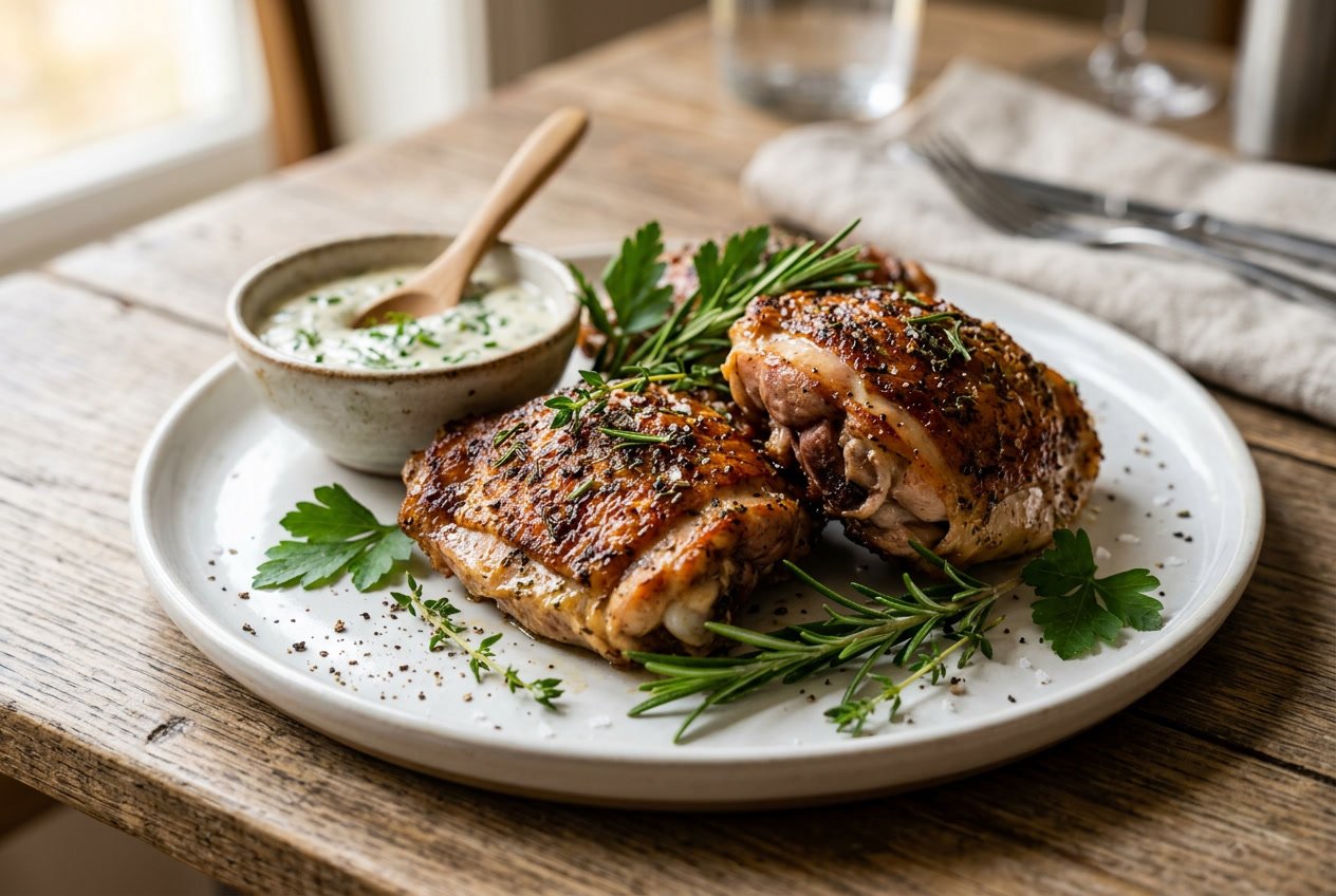 A plate of golden brown cooked chicken thighs garnished with fresh herbs and a small bowl of sauce.