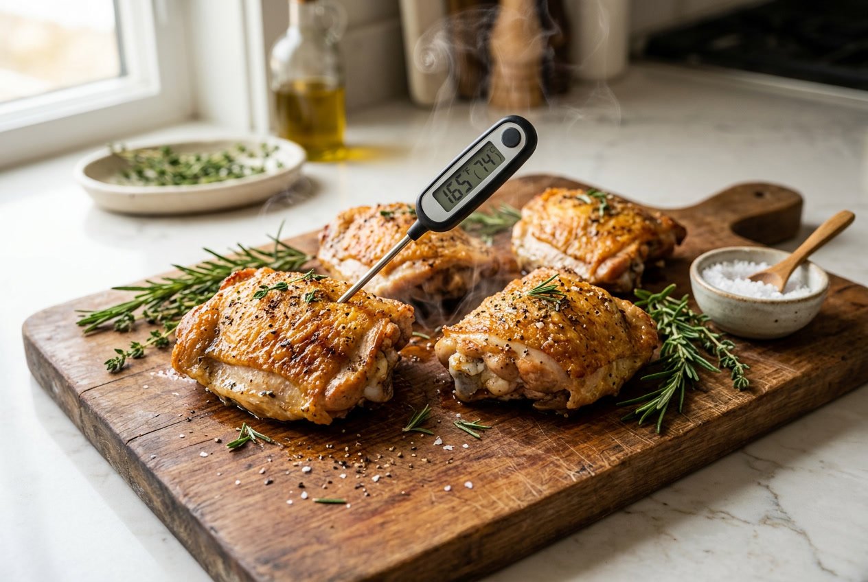Close-up of perfectly cooked chicken thighs on a cutting board with a meat thermometer inserted, surrounded by fresh herbs in a kitchen setting.