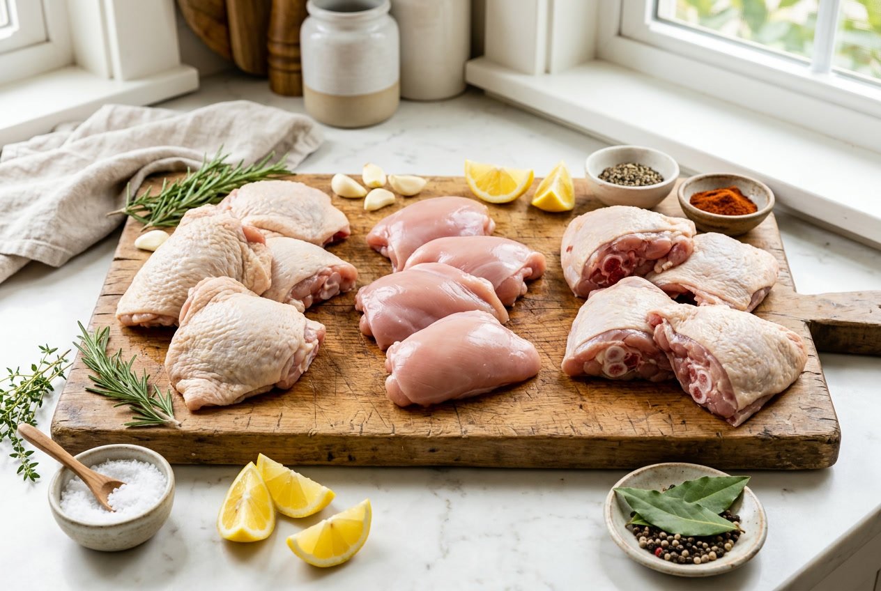 Various types of raw chicken thighs displayed on a wooden cutting board with fresh herbs, garlic, lemon wedges, and spices on a kitchen countertop.