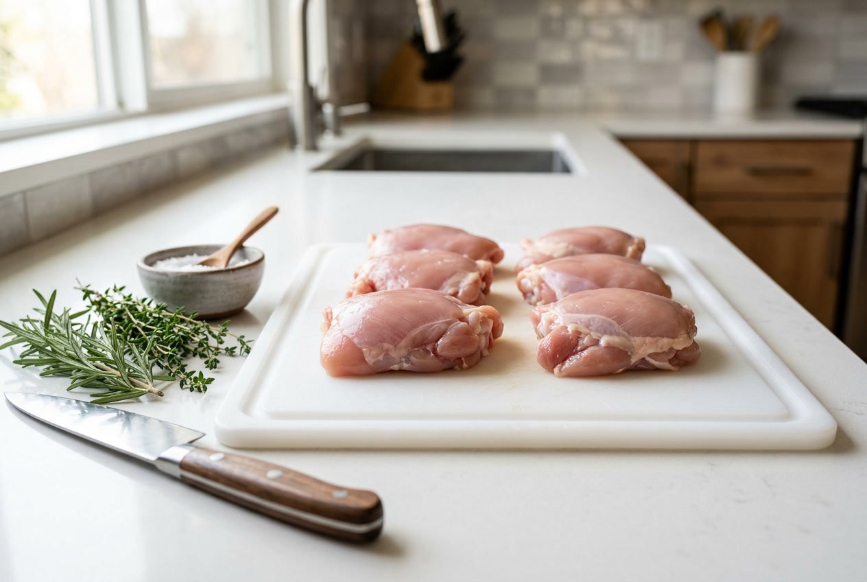 Close-up of raw trimmed chicken thighs on a white cutting board with herbs and a knife nearby.