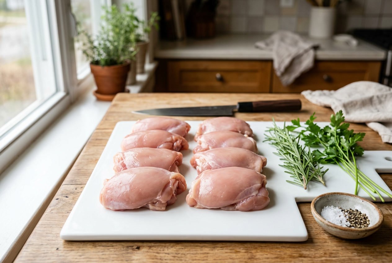 Raw trimmed chicken thighs on a white cutting board with herbs and a kitchen knife in a bright kitchen.