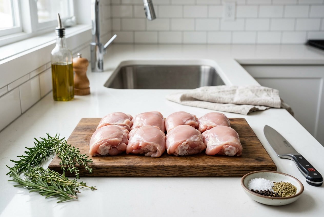Fresh trimmed chicken thighs arranged on a wooden cutting board with herbs and a kitchen knife on a clean kitchen countertop.