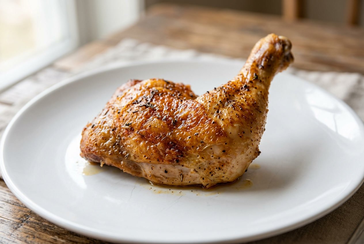 A cooked chicken leg piece on a white plate.