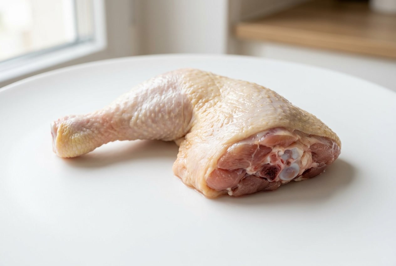 A fresh raw chicken leg piece on a white surface.