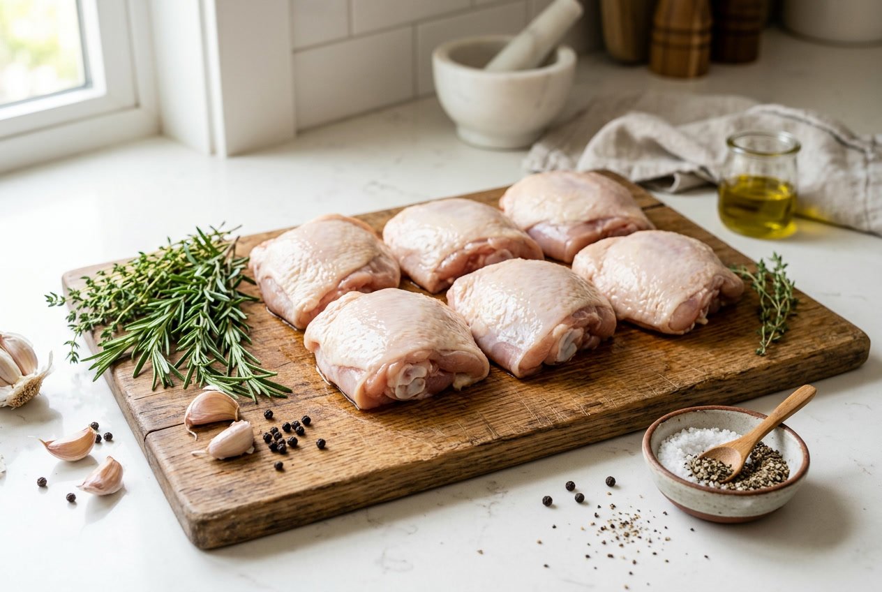 Raw chicken thighs on a wooden cutting board with herbs and spices on a kitchen countertop.