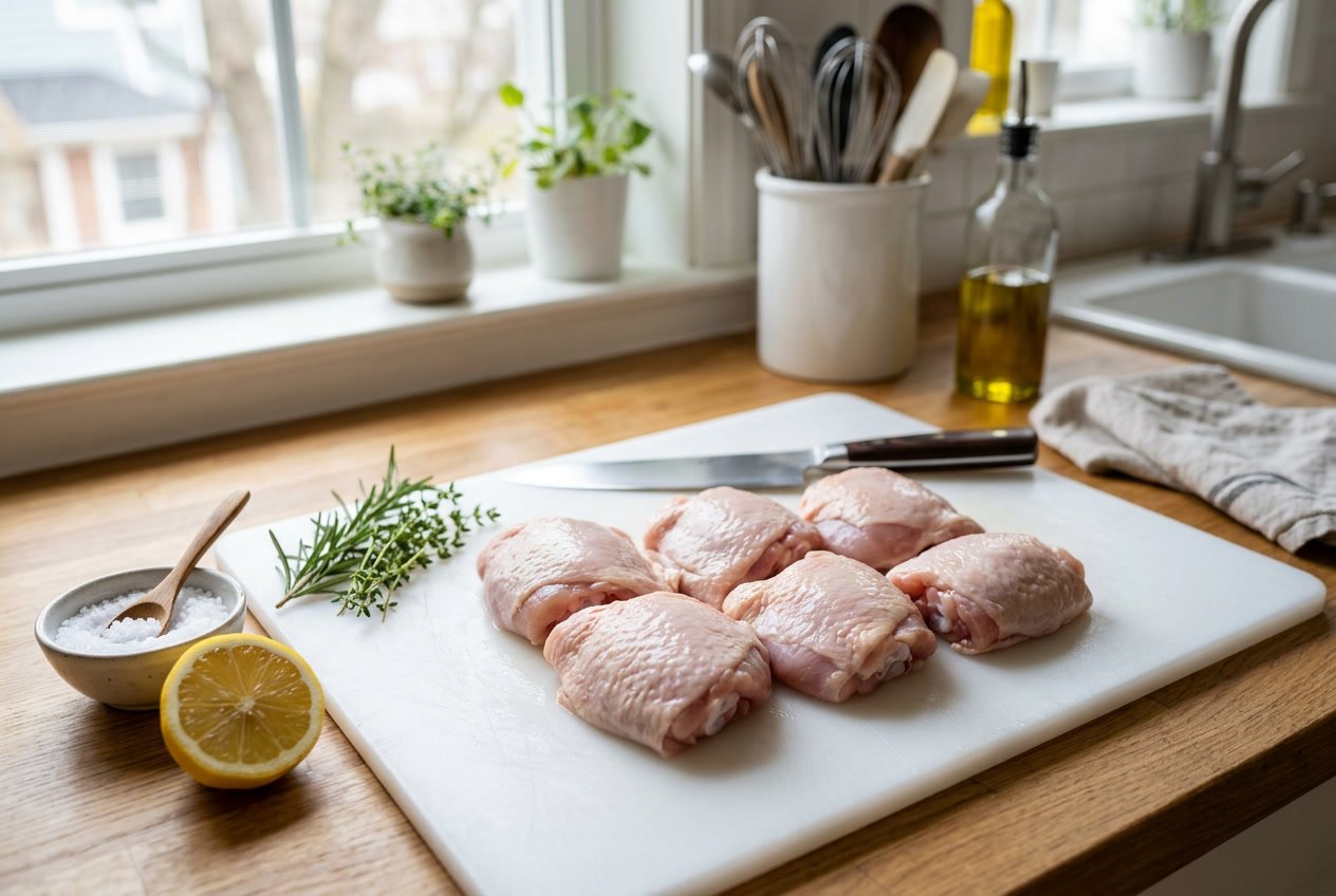 Raw chicken thighs on a cutting board with herbs, lemon, and a knife in a bright kitchen.