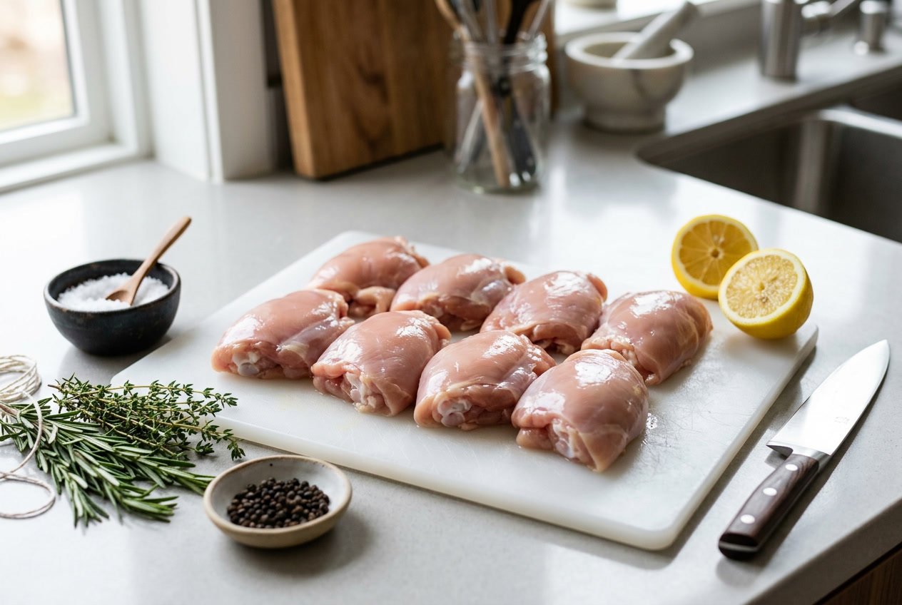 Raw chicken thighs arranged on a white cutting board with fresh herbs and lemon on a kitchen countertop.