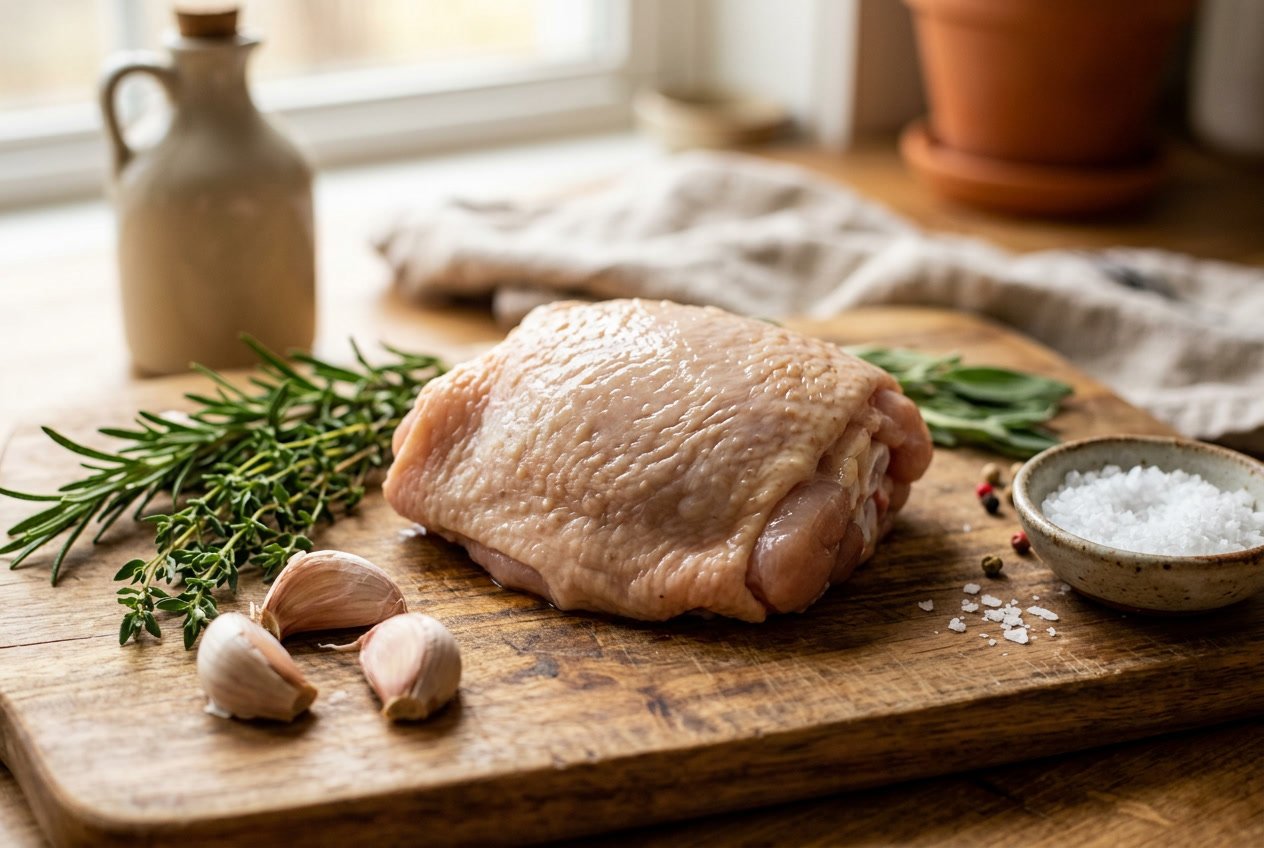 Close-up of a raw chicken thigh on a wooden cutting board with herbs and garlic nearby.