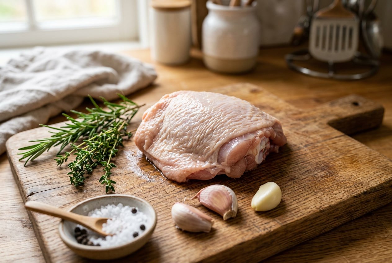 A raw chicken thigh on a wooden cutting board with fresh herbs and garlic cloves around it.