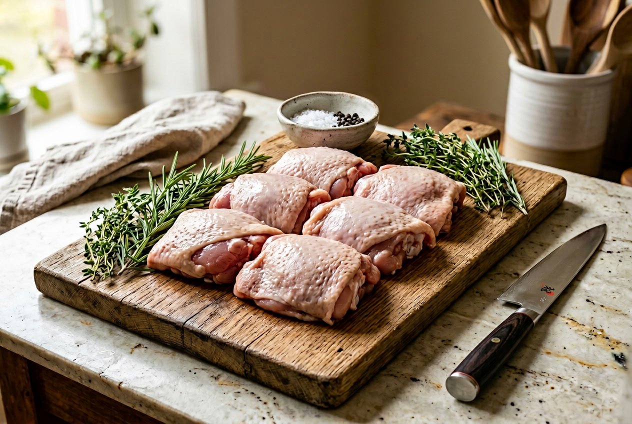 Raw boned chicken thighs on a wooden cutting board with herbs and a kitchen knife.
