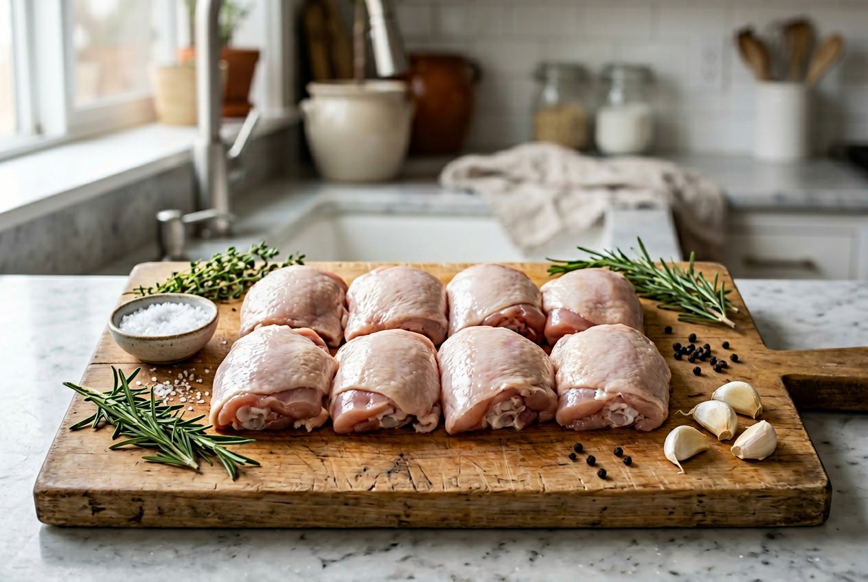Raw boned chicken thighs arranged on a cutting board with fresh herbs and garlic in a kitchen setting.