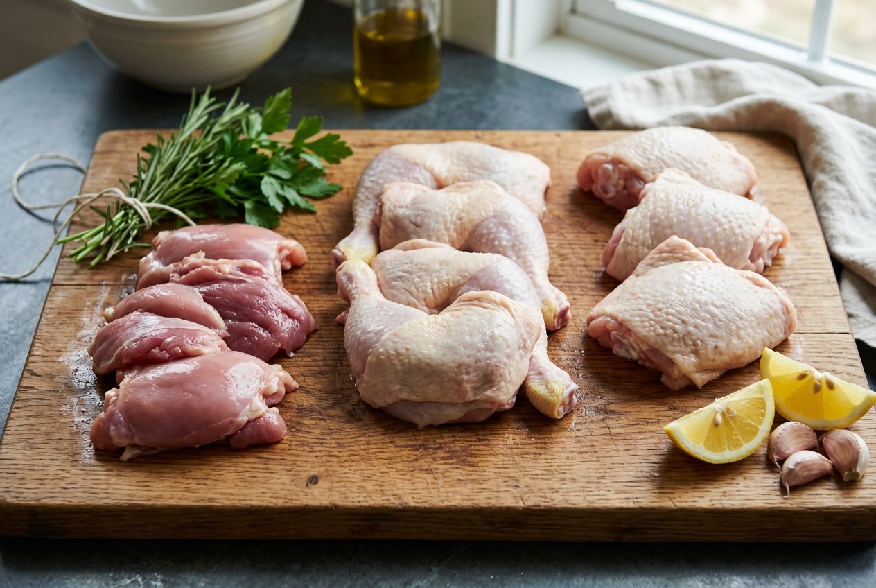Various raw chicken thigh cuts displayed on a wooden cutting board with fresh herbs, garlic, and lemon wedges.