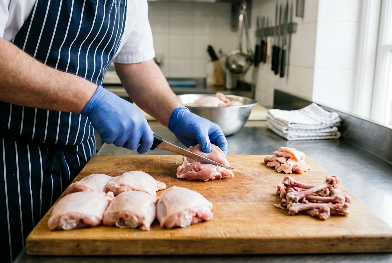A person using a knife to remove bones from raw chicken thighs on a cutting board in a kitchen setting.