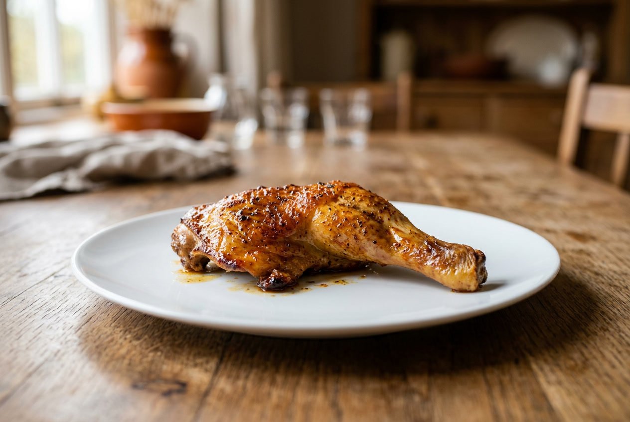 A cooked chicken leg on a white plate on a wooden table with a blurred kitchen background.