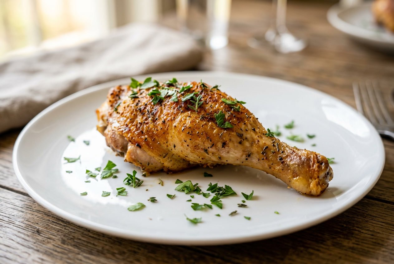 Close-up of a cooked chicken leg garnished with fresh herbs on a white plate.