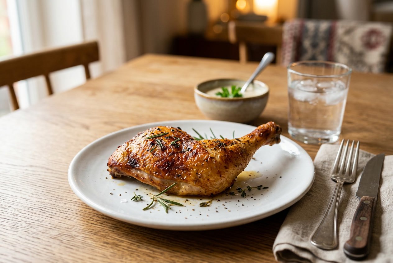 A cooked chicken leg on a white plate on a wooden table with utensils and a glass of water nearby.