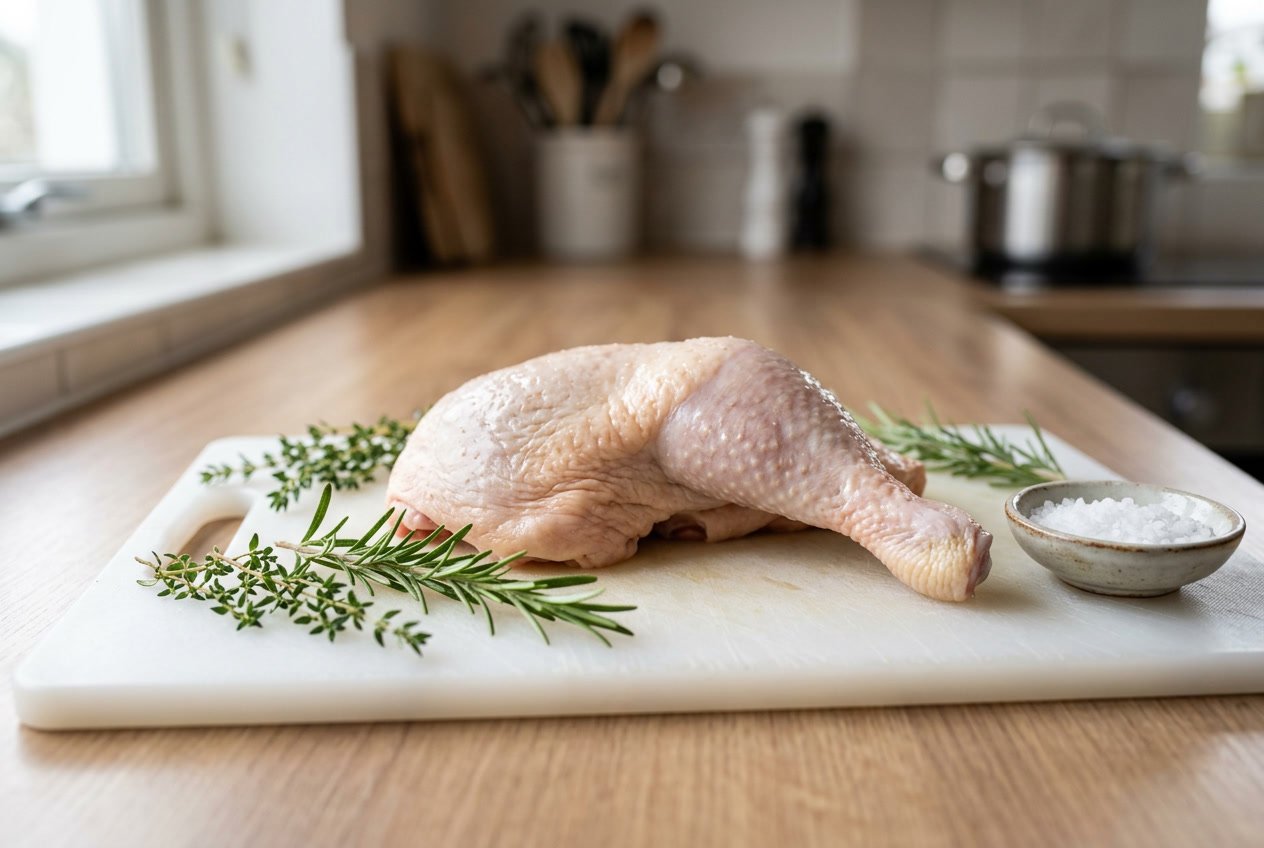 A raw chicken leg quarter on a white cutting board with herbs and salt nearby.