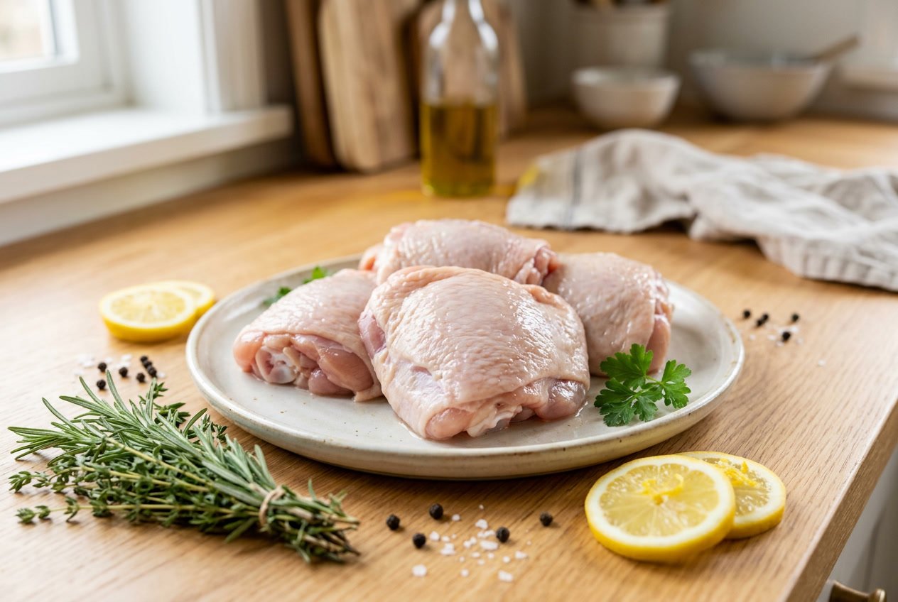 Close-up of fresh raw chicken thighs on a white plate with herbs and lemon slices on a kitchen countertop.