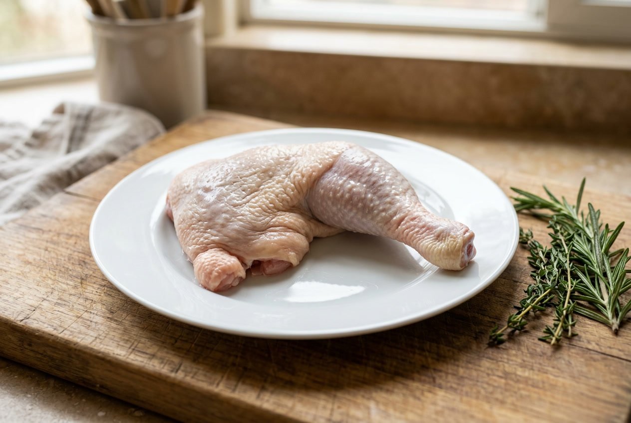 A raw chicken leg quarter on a white plate with fresh herbs on a wooden cutting board.