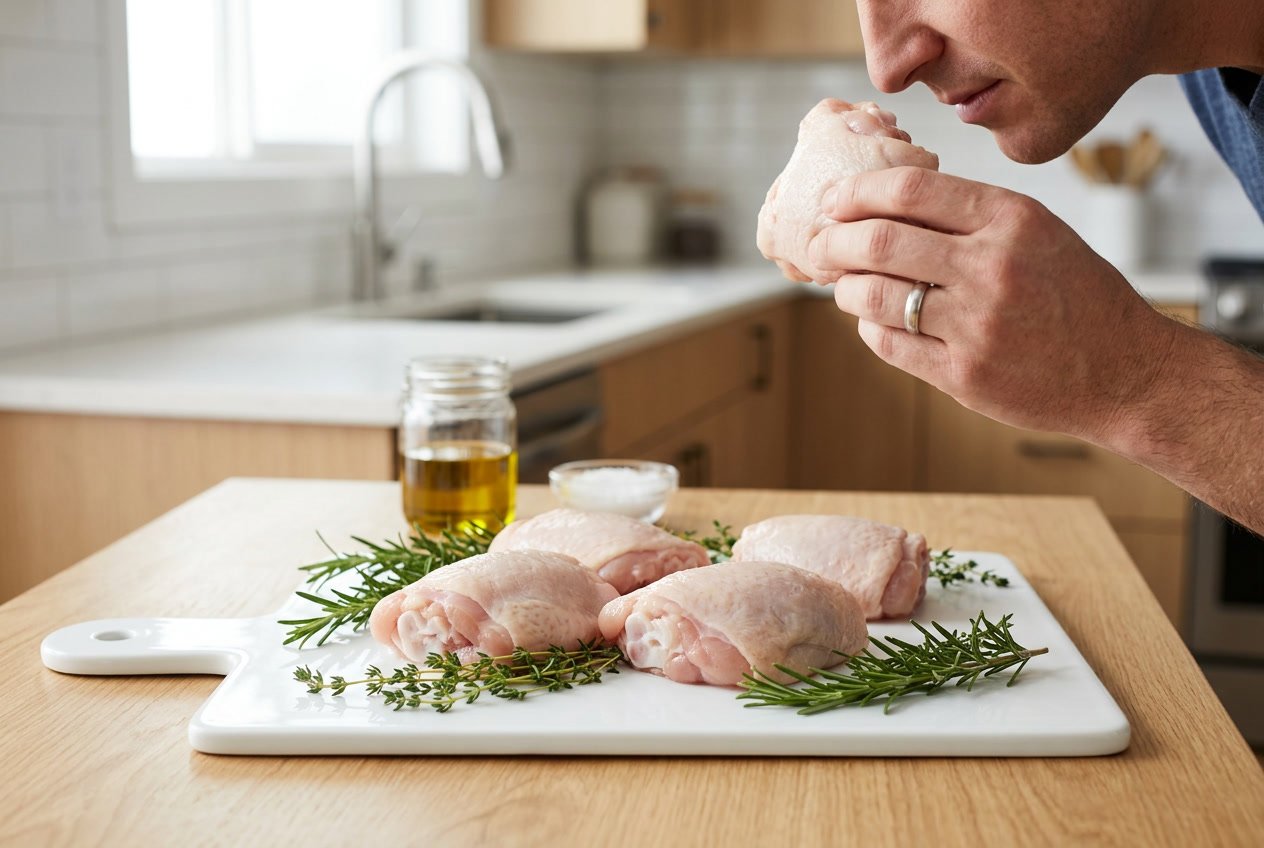 A hand holding a raw chicken thigh near the nose over a cutting board with fresh herbs in a bright kitchen.