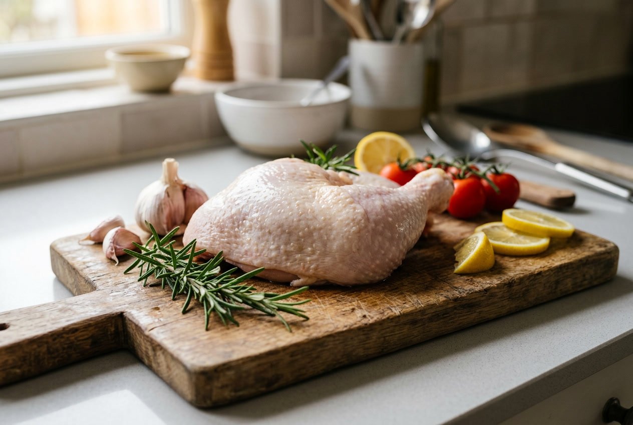 A raw chicken leg quarter on a wooden cutting board surrounded by fresh herbs, garlic, cherry tomatoes, and lemon slices.