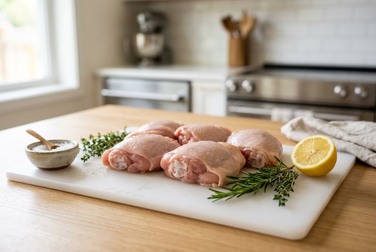 Close-up of fresh raw chicken thighs on a white cutting board with herbs and lemon in a clean kitchen.