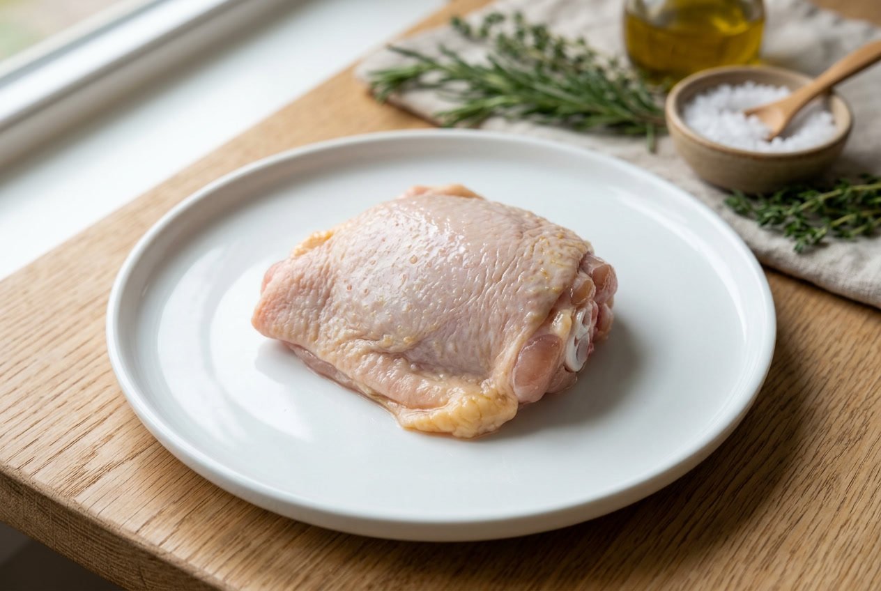A raw chicken short thigh on a white plate with fresh herbs and salt in the background.
