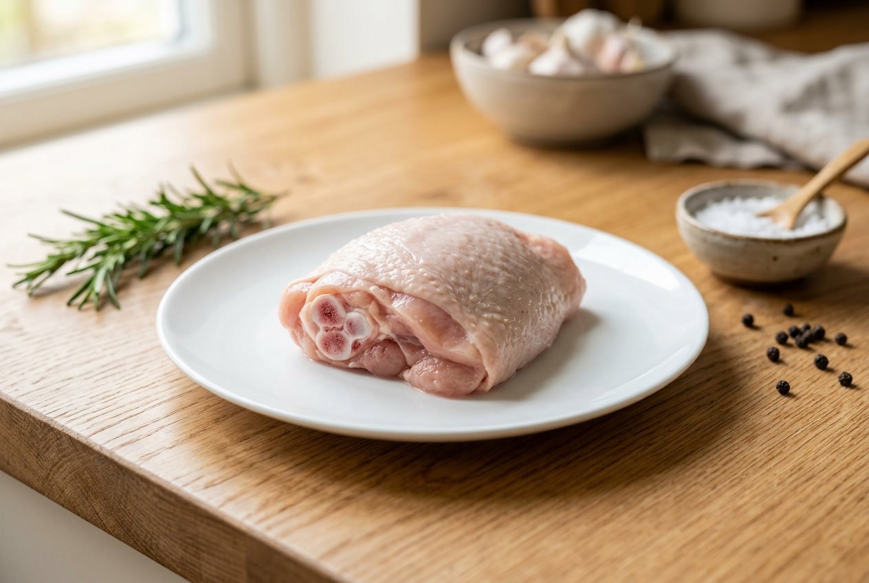 A raw chicken short thigh piece on a white plate with rosemary and spices on a wooden countertop.