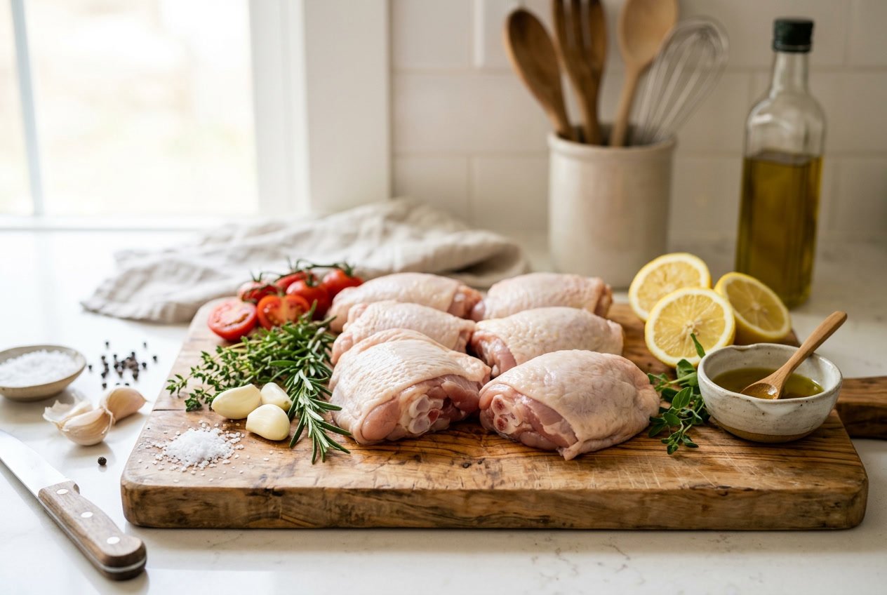 Raw chicken thighs on a wooden cutting board with fresh herbs, garlic, lemon slices, and cherry tomatoes on a kitchen countertop.