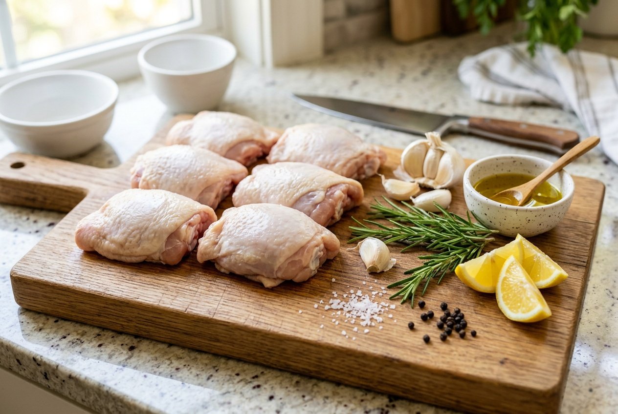 Raw chicken thighs on a wooden cutting board surrounded by garlic, rosemary, lemon wedges, and olive oil in a bright kitchen setting.