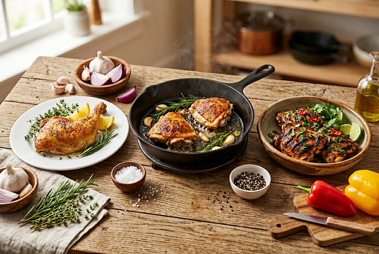 A table displaying roasted, seared, and grilled chicken thighs with fresh herbs and ingredients around them.