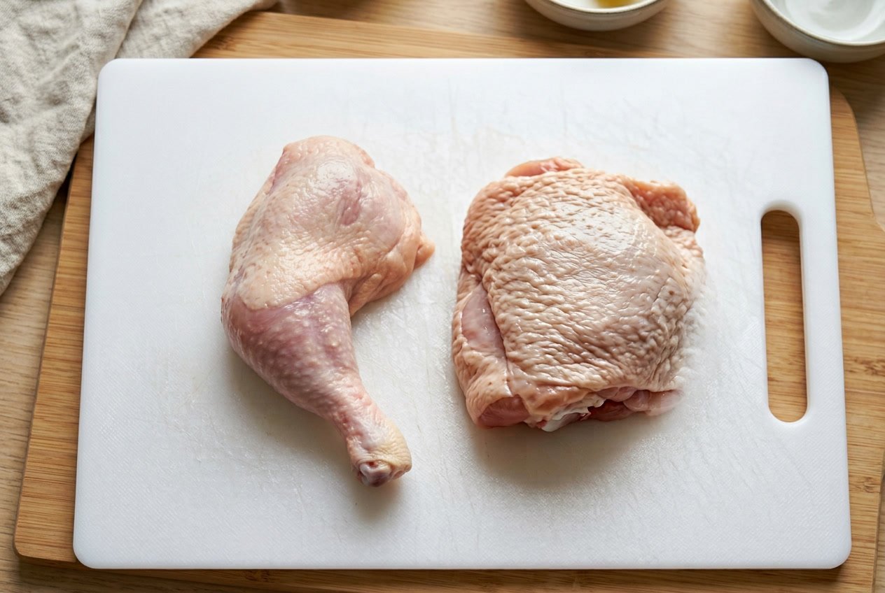Raw chicken leg and chicken thigh placed side by side on a white cutting board.