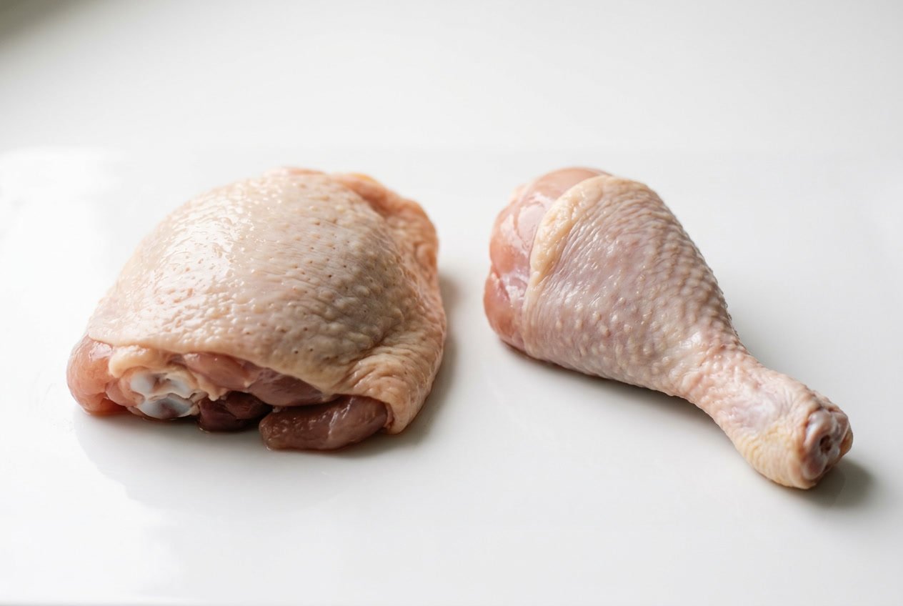 Close-up of raw chicken leg and chicken thigh pieces side by side on a white surface.