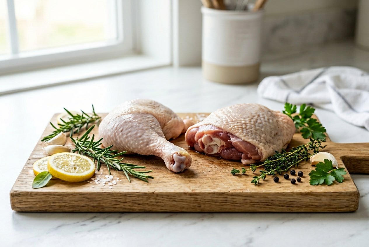 Raw chicken leg and chicken thigh placed side by side on a white surface with fresh herbs and lemon slices around them.