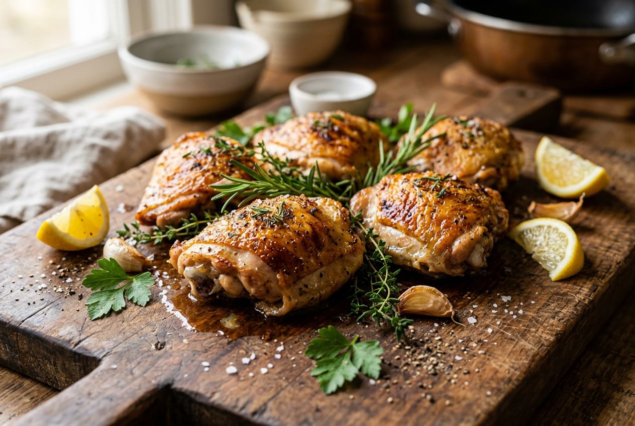 Close-up of cooked chicken thighs on a wooden cutting board with herbs and lemon wedges.