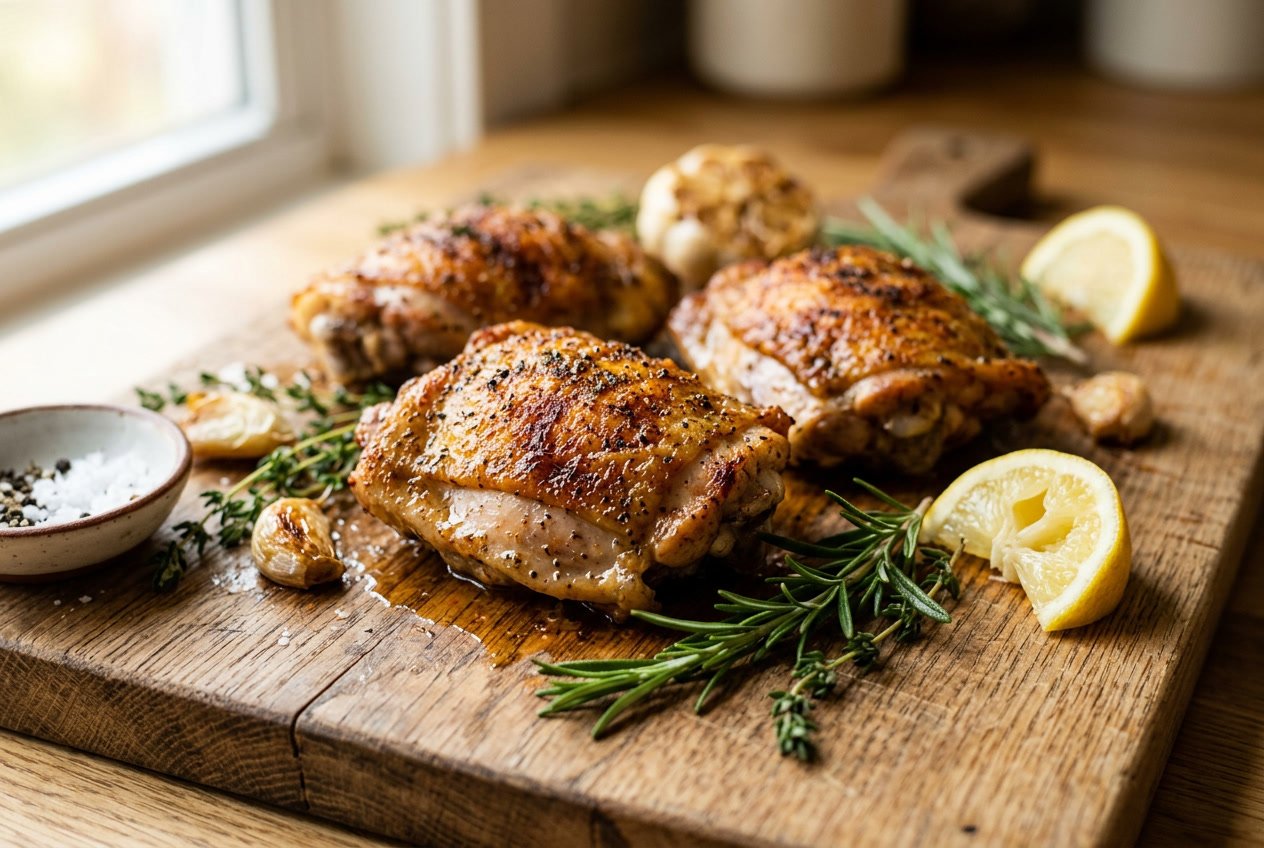 Close-up of cooked chicken thighs on a wooden cutting board with herbs, garlic, and lemon wedges.