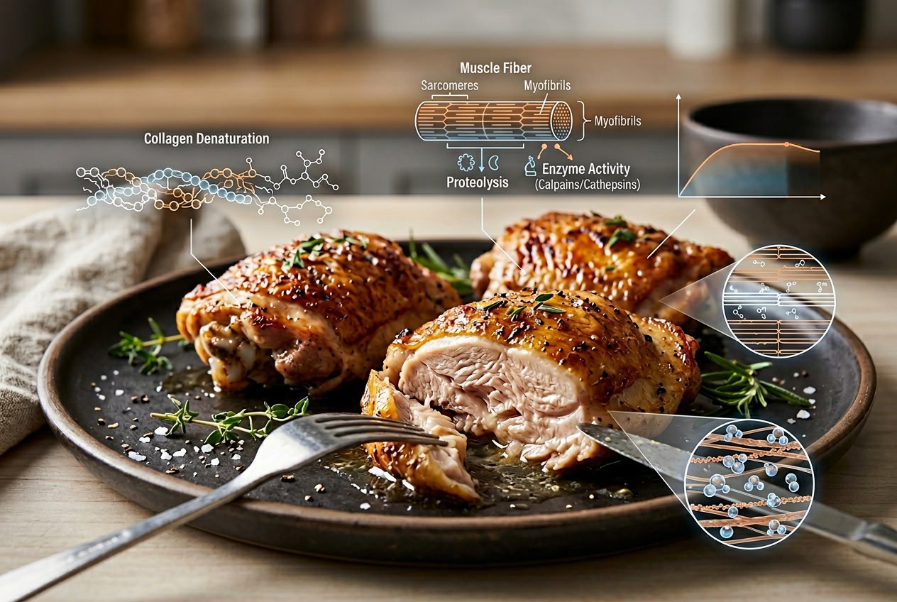 Close-up of cooked chicken thighs showing tender texture with subtle scientific graphics in the background.