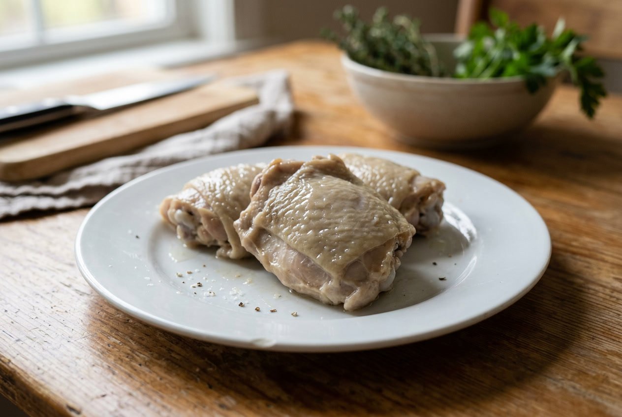 Close-up of cooked chicken thighs on a white plate showing a rubbery texture on a wooden table with blurred kitchen items in the background.