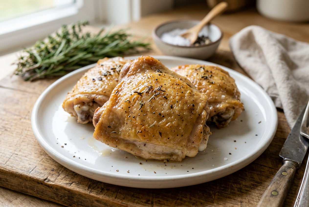 Close-up of cooked chicken thighs on a plate showing a slightly rubbery texture with kitchen items in the background.
