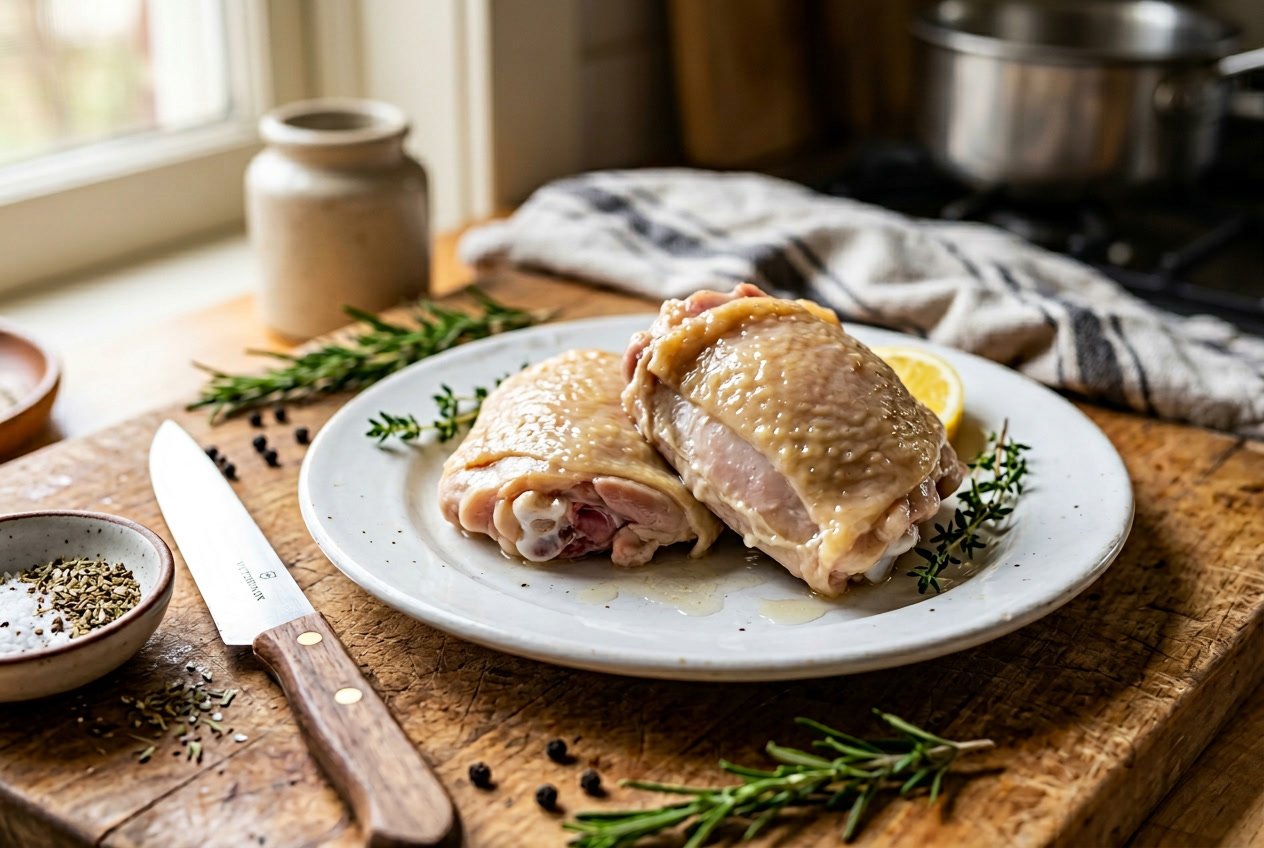 Close-up of cooked chicken thighs on a plate with herbs and kitchen utensils nearby.