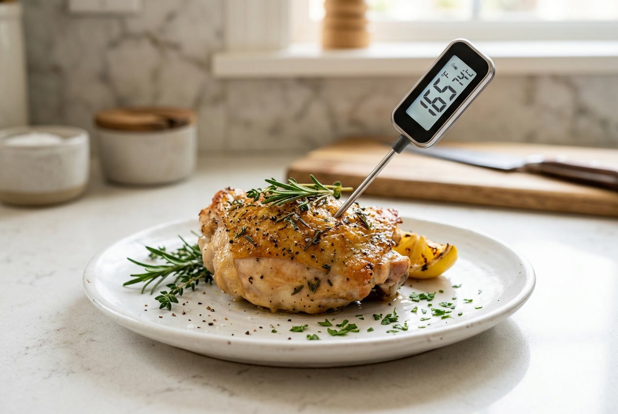 Cooked chicken thigh on a plate with a digital meat thermometer showing the temperature.
