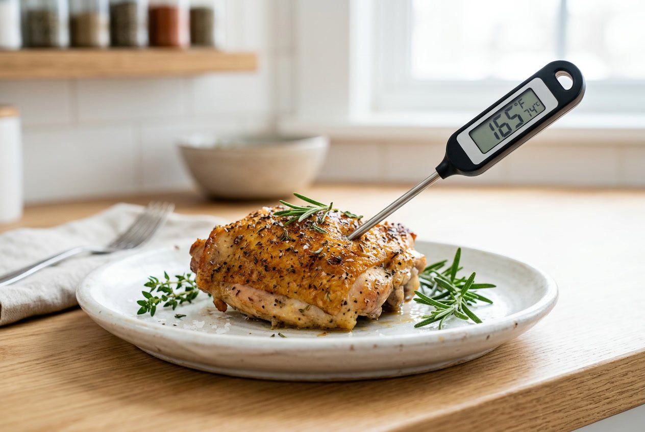 A cooked chicken thigh on a white plate with a digital meat thermometer inserted showing the internal temperature.