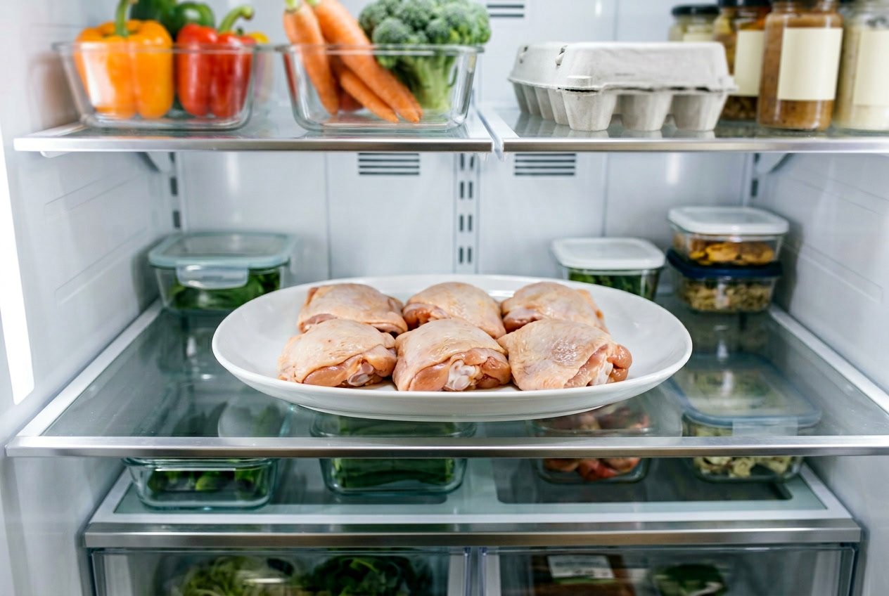 Raw chicken thighs on a white plate inside a clean, well-lit refrigerator.
