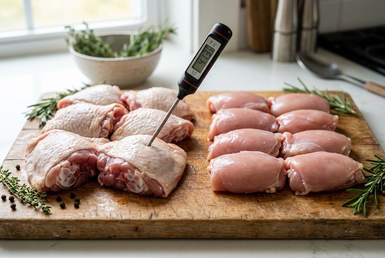 Close-up of bone-in and boneless raw chicken thighs on a wooden cutting board with a food thermometer inserted, surrounded by fresh herbs.