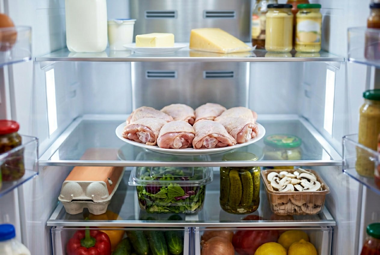 Raw chicken thighs placed on a plate inside a clean refrigerator with other fresh food items.