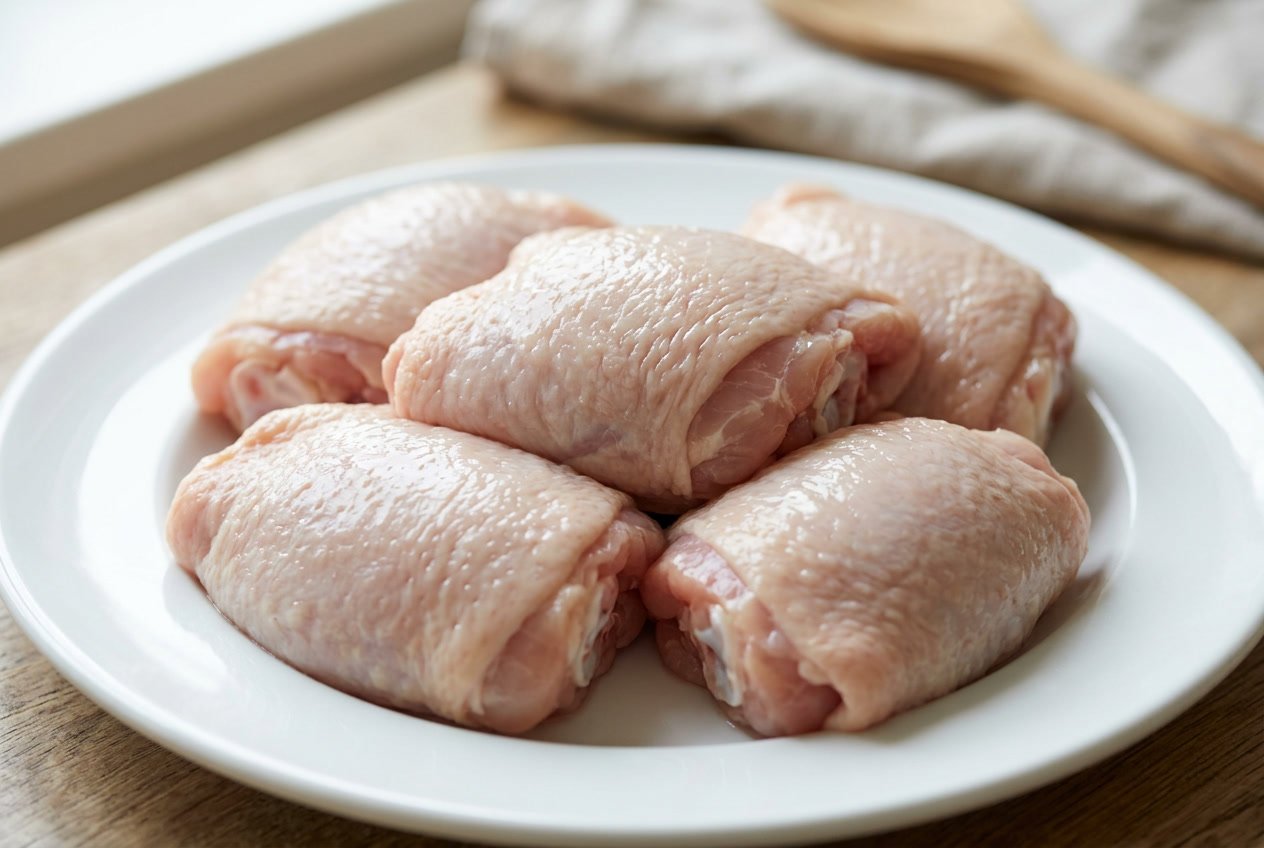 Close-up of raw chicken thighs neatly arranged on a white plate.