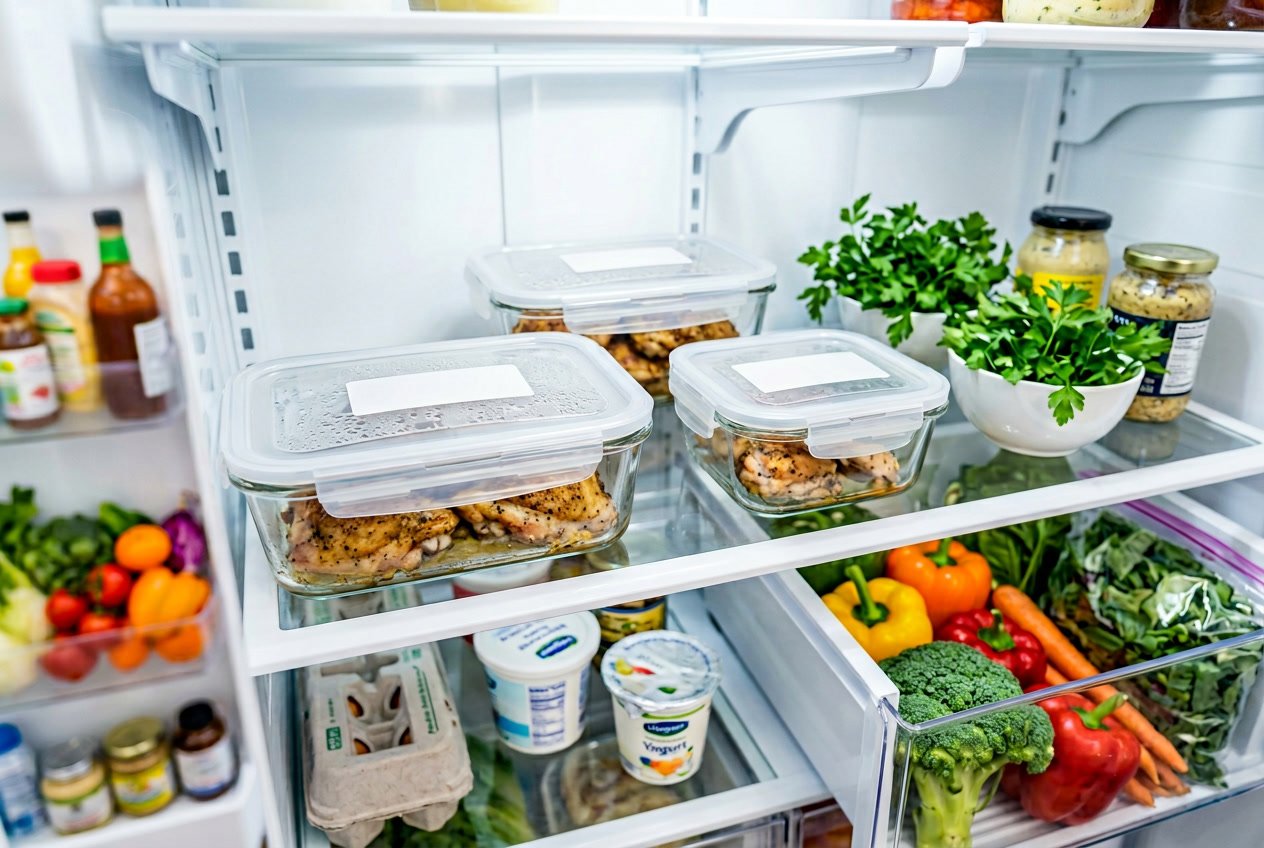 Cooked chicken thighs stored in clear containers inside a clean refrigerator with other food items.